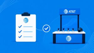 AT&T checklist connected to an authorized retailer kiosk, representing adherence to AT&T standards.