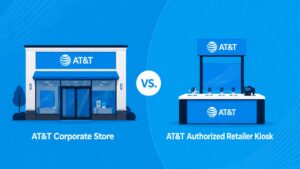 Illustration comparing an AT&T corporate store with an AT&T authorized retailer kiosk.