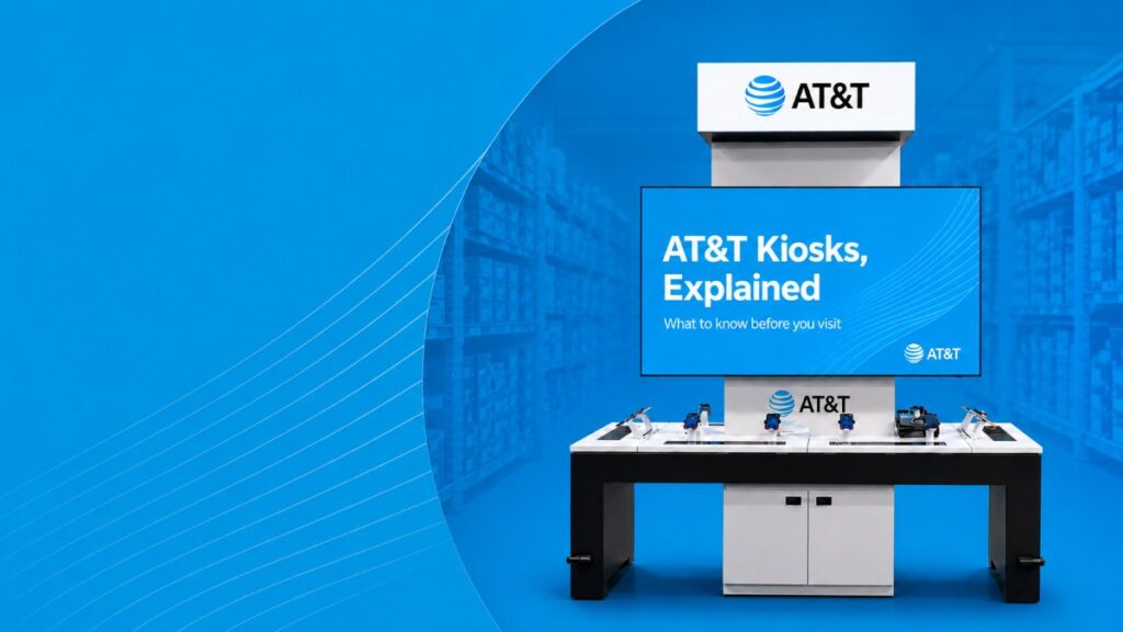 AT&T authorized retailer kiosk against a bright blue graphic background with the words “AT&T Kiosks, Explained.”