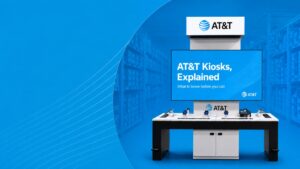 AT&T authorized retailer kiosk against a bright blue graphic background with the words “AT&T Kiosks, Explained.”